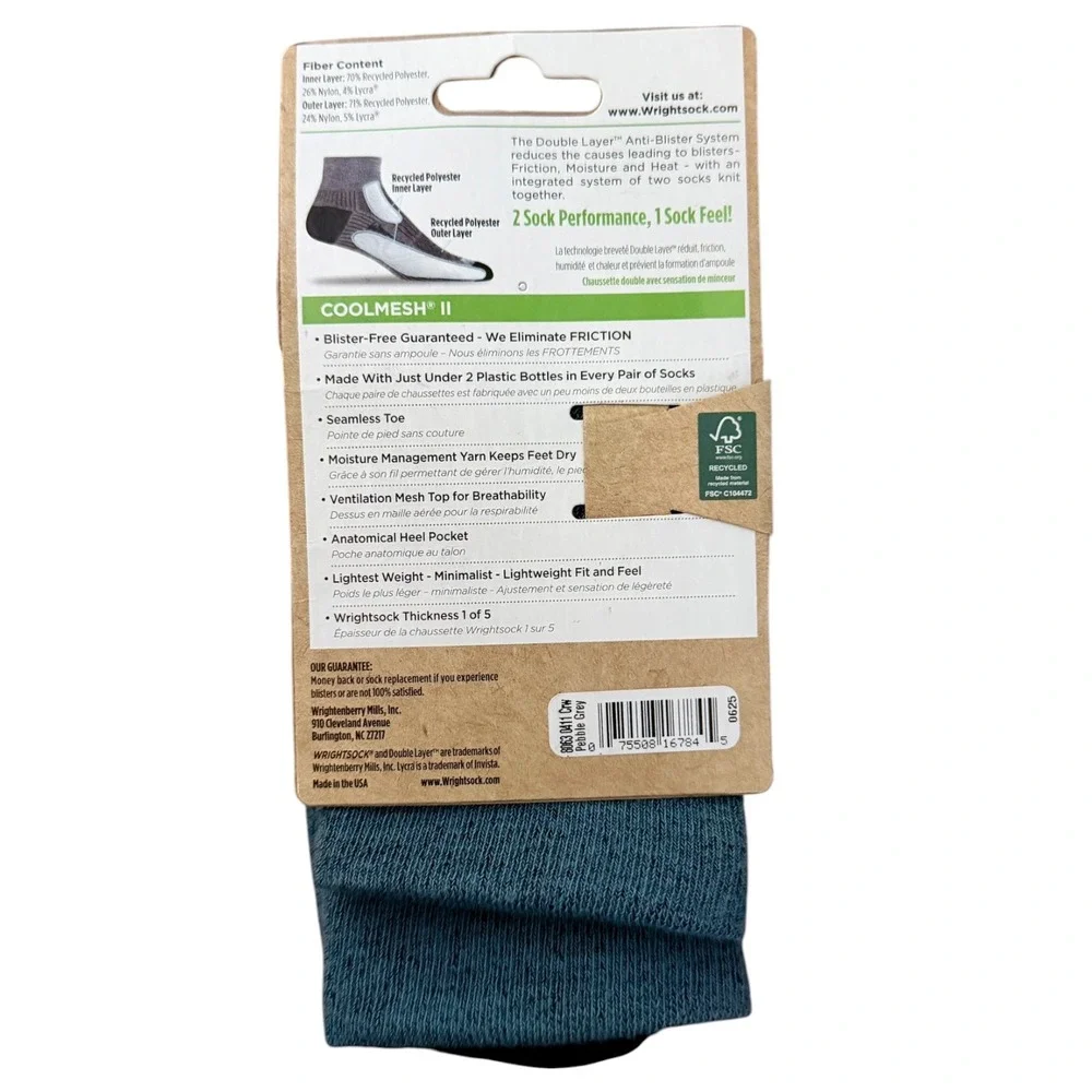 New WrightSock Unisex Cool Mesh II Lightweight Crew Socks Pebble Gray Large